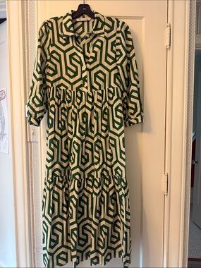 Zara Green and Cream Geometric Maxi Shirt Dress